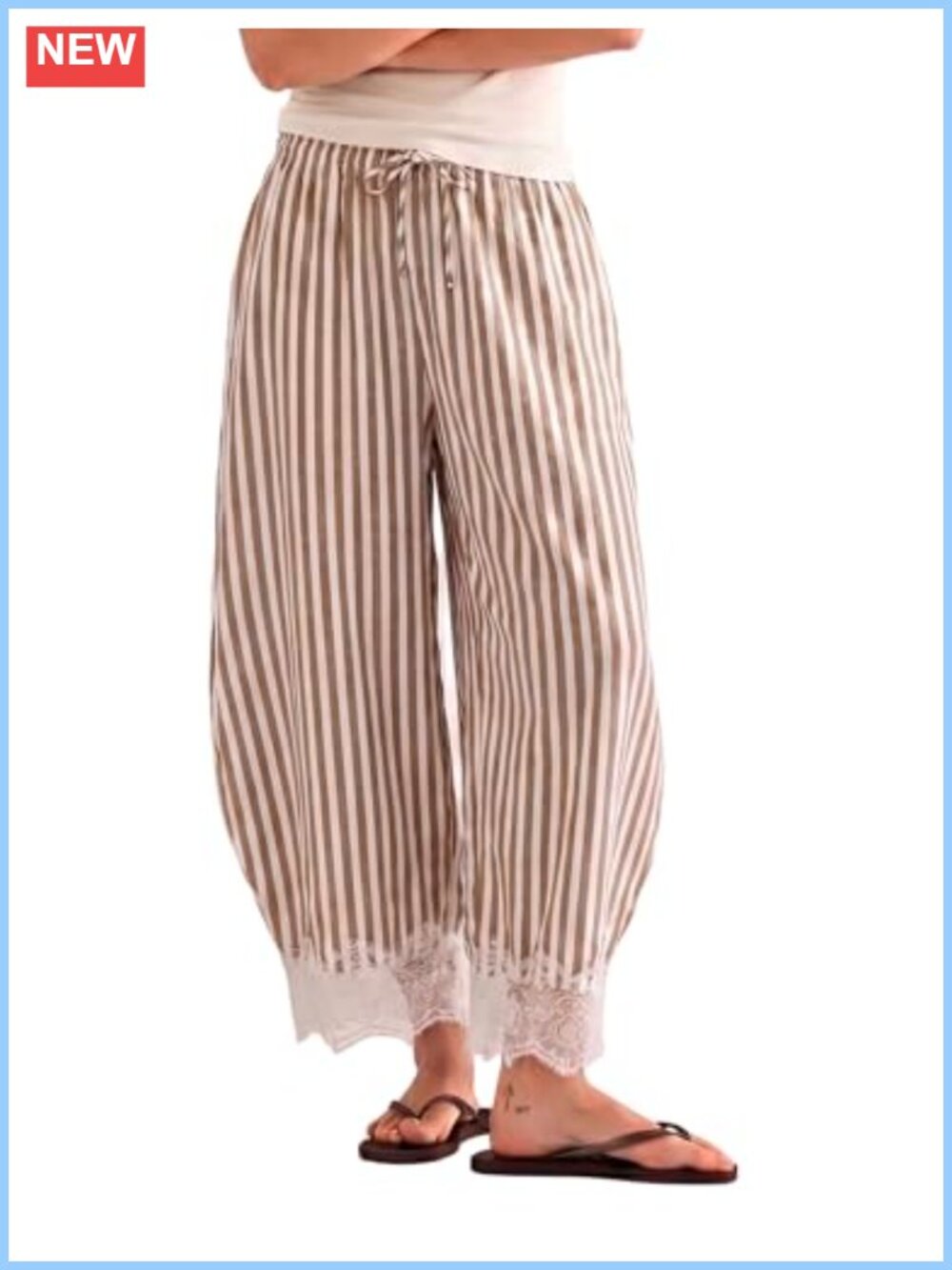 Women's Striped Lace-Hem Capri Palazzo Pants Wide Leg Cropped Trousers with